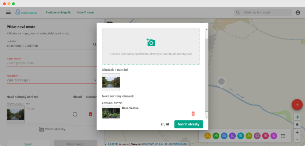 Dialog pro nahrání obrázků v mapové platformě Mapotic